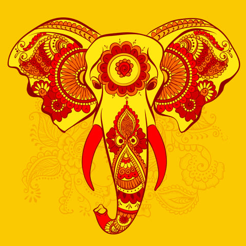 Inde : Dessin d'une tête d'éléphant, décoré de fleurs
