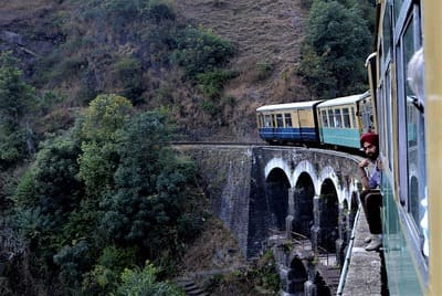 Inde - Un train passe sur un pont entouré de végétation