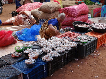 Inde : Sur un marché, une vieille dame tient un stand d'aux. Ils sont posés sur des cagettes