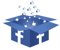 Logo de Facebook sur une boite avec des pouces qui s'envolent