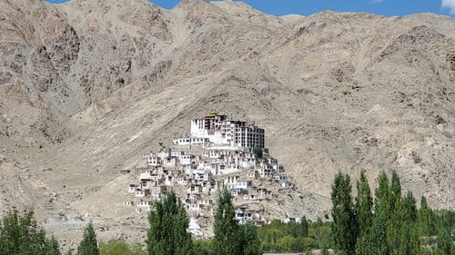 Ladakh : Au centre d'un décor minéral et dans le lointain, des bâtiments blancs et des maisonnettes recouvrent une colline